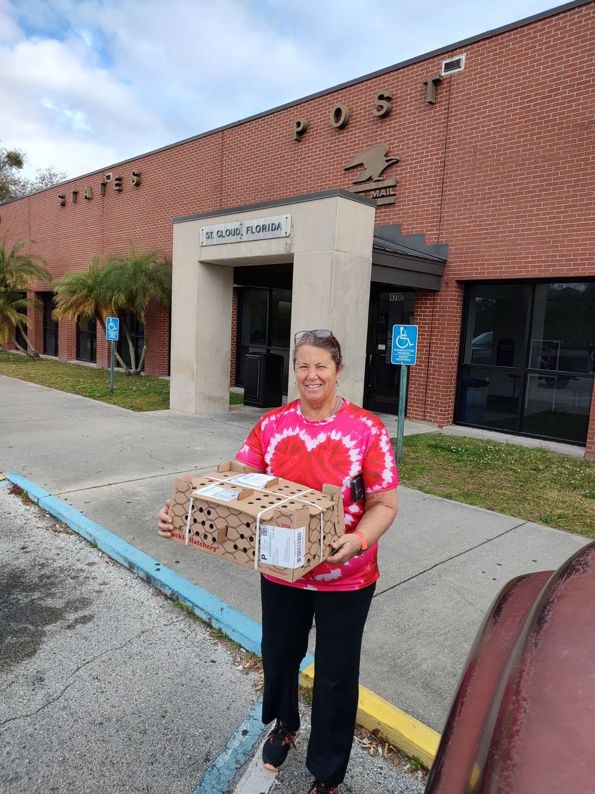 Sandi collecting boxes of day old chicks at the St. Cloud, Florida post office